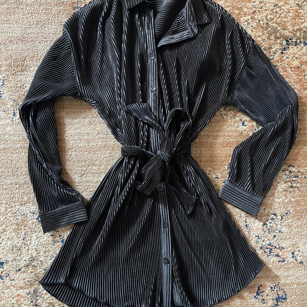 Satin Black Pleated Dress with Belt